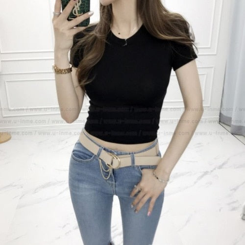 New Summer T Shirt Women Elasticity T-Shirt Woman Clothes Tops Slim Tshirt Female Short sleeve Crop Top Womens Sexy Canale