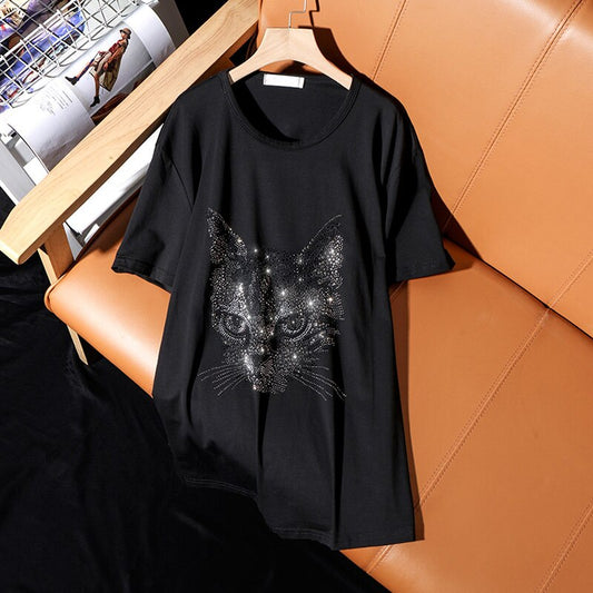 Summer 2021 new fashion loose plus size short-sleeve T-shirt for women casual personality cat pattern hot diamonds female tops