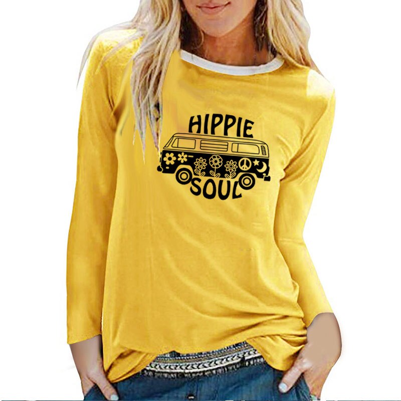 Hippie Soul Car Print Long Sleeve T-shirts Women Autumn Winter 2020 Woman Tshirts Fashion White Crew Neck Graphic Tee Streetwear