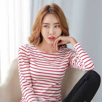 Basic Striped T-shirt Women Casual Cotton Stretchy Long Sleeve Spring Autumun Tops Tee Plus Size S-5XL Casual T01301B