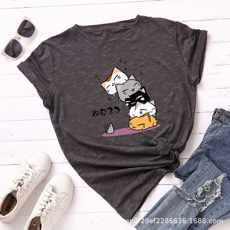 Summer T-Shirt Women Plus Size S-5XL Cotton Graphic Funny Cats Print Female Short Sleeve Simple Tshirts Casual Fashion Tops Tees