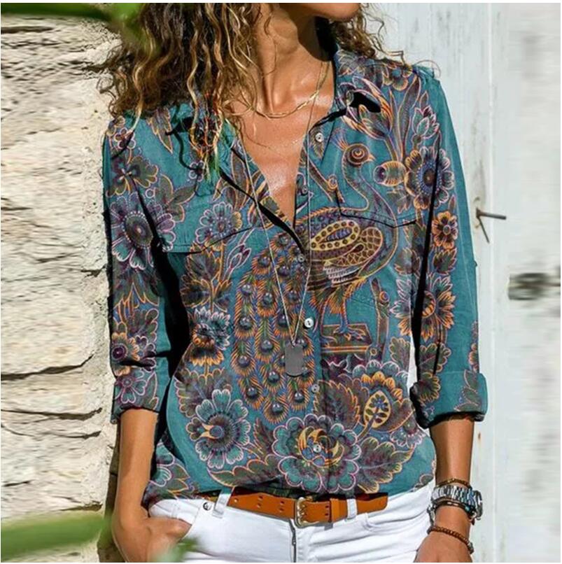 Women Retro Colorful Print Buttons Blouse Shirt Autumn Long Sleeve