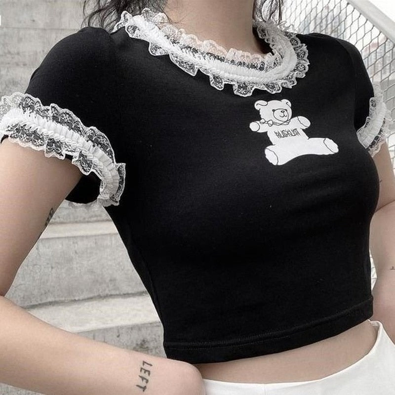 Gothic Crop T-Shirts Summer Harajuku Kawaii Cute Bear Print Lace