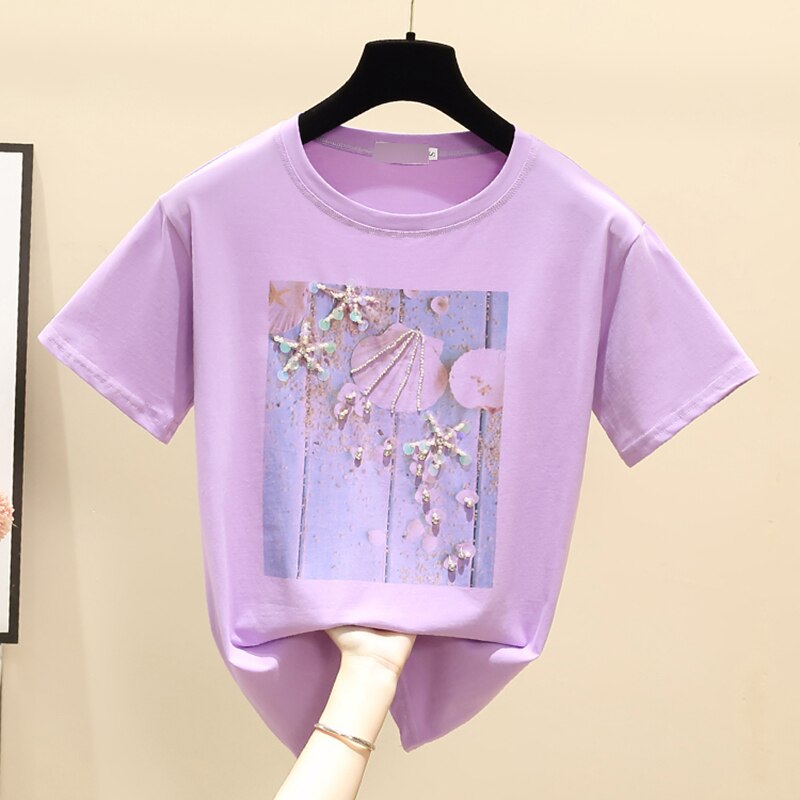 Pink Summer T shirt Women Tops White Tshirt Women Korean Clothes Short Sleeve Casual Purple Sequins Diamond Tee shirt Femme