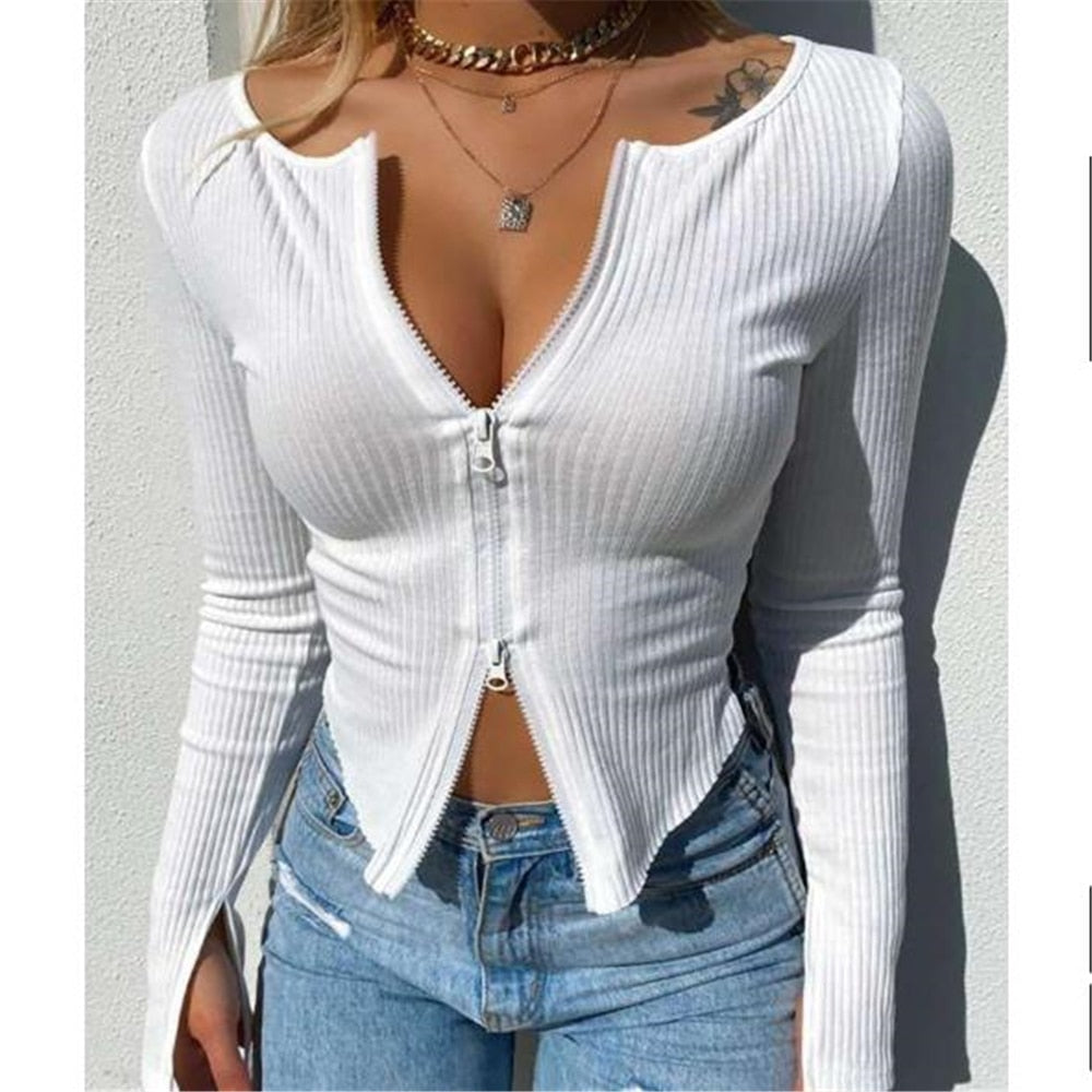 Women T-shirt Spring Autumn Clothes Ribbed Knitted Long