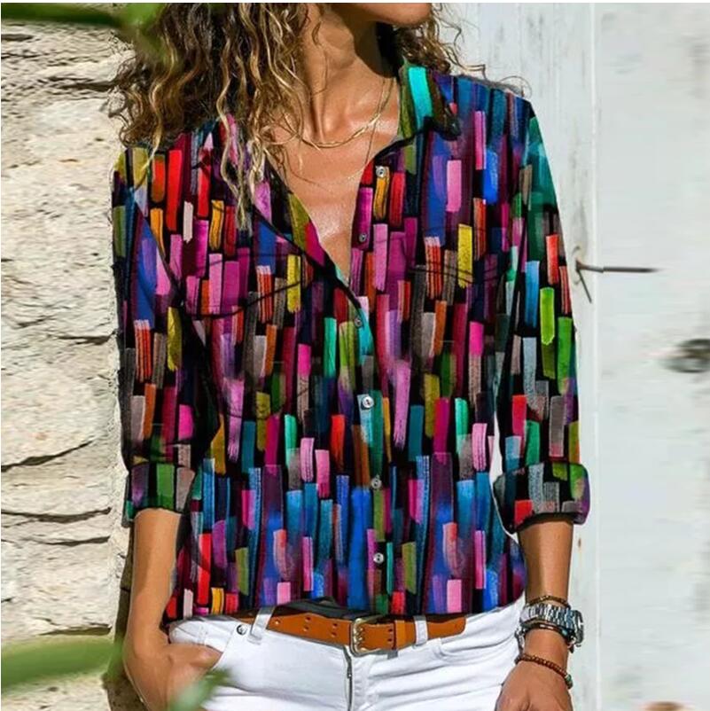 Women Retro Colorful Print Buttons Blouse Shirt Autumn Long Sleeve