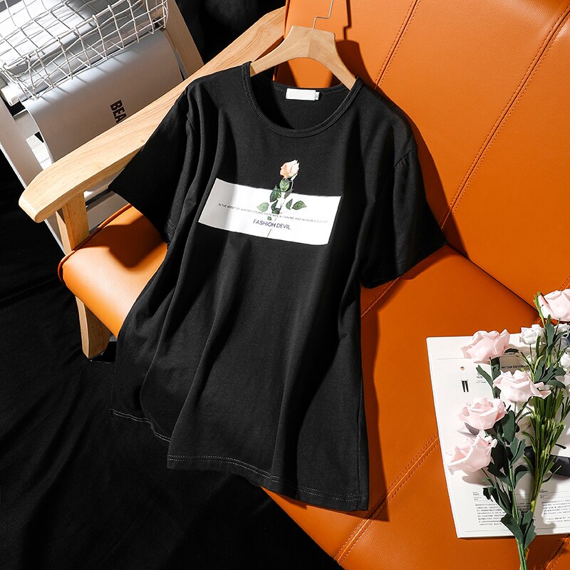 T-shirt female summer new rose printing round neck