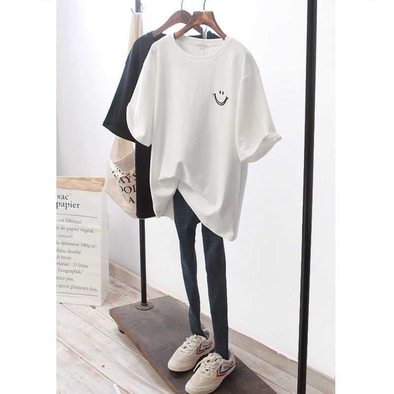 t-shirt Top T Shirt Women Tshirt Loose Smile White Short Sleeve Girls New Woman Generation WBXT211