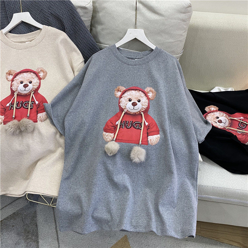 Harajuku Fur Ball Tshirt Summer Women Cotton Half Sleeve