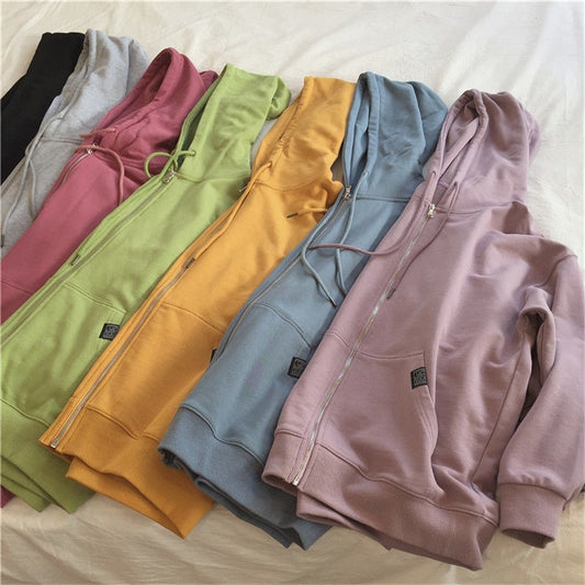 Hoodies women zipper kangaroo pocket casual loose solid color sweatshirt female