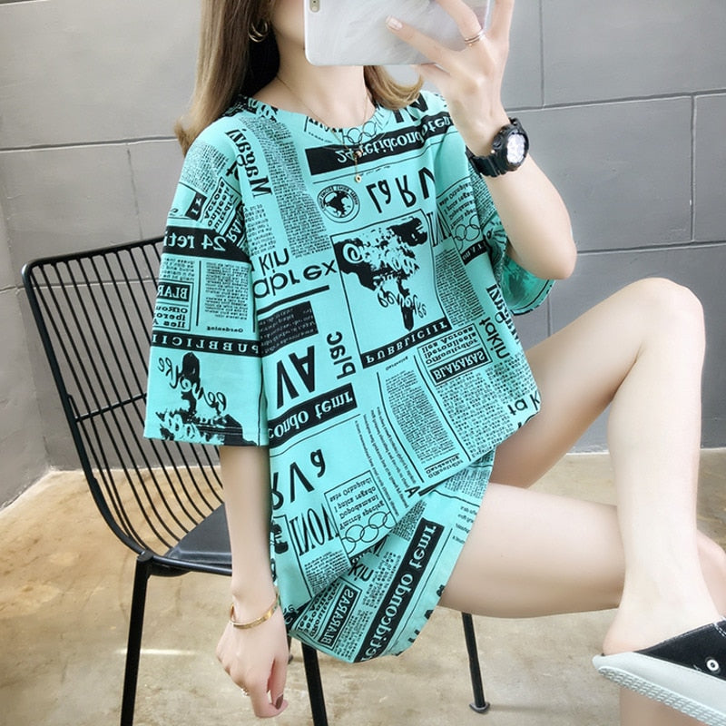 Plus Size Graphic Tee Shirts Female Summer Loose Short Sleeve Letter Print Korean T-shirt Women Oversize Harajuku Hip Hop Tops