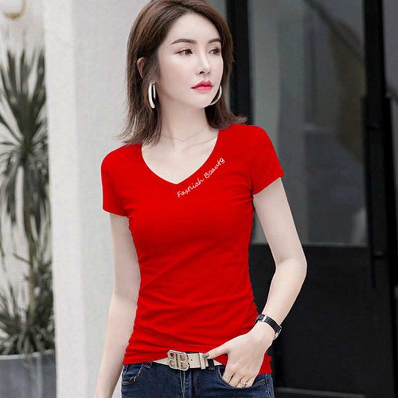 Fashion Summer Top Women V Neck T Shirt Slim Fit Stretch