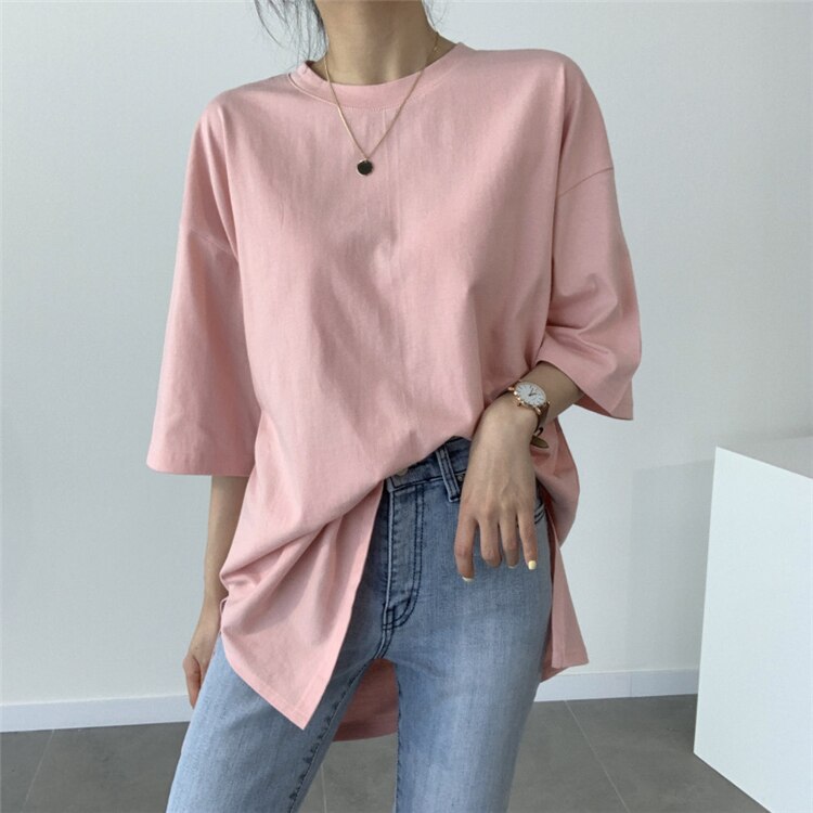 Colorfaith New 2021 Women Spring Summer T-shirts Solid Multi Colors Loose Bottoming Half Sleeve Minimalist Split Midi Tops T1165