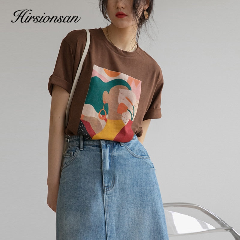 Hirsionsan Aesthetic Printed T Shirts Women 2021 New Soft Vintage Loose Tees Abstract Graphic Cotton Tshirts Summer Casual Tops