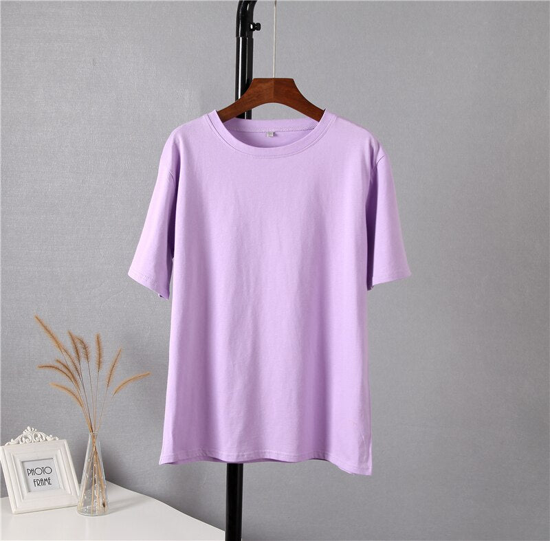 WYWM Summer Women Basic Loose T Shirt Solid Color Oversized Cotton Harajuku Short Sleeve Knitted Tees Korean Casual Female Tops