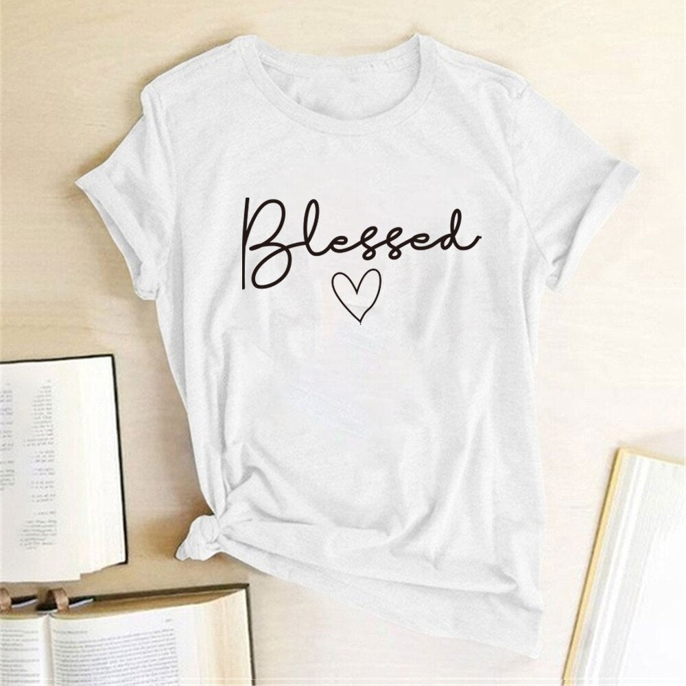 Blessed Heart Printing T-shirts Women Summer Clothes Vogue