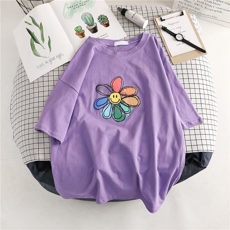 Yedinas Sunflower Print T Shirt Women Summer T-shirt Cotton Female Japanese Style Aesthetics Tops Oversized Streetwear Tee Shirt