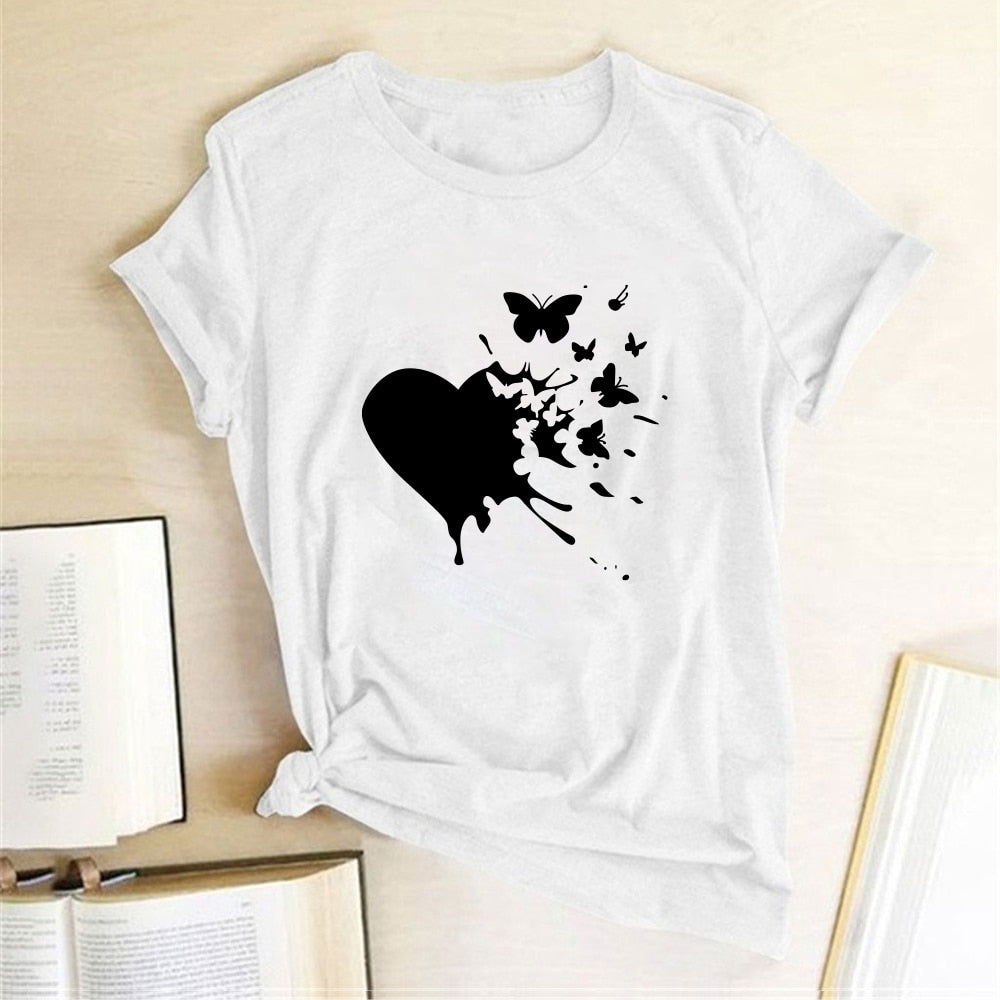 Heart Butterflies Print T-shirts Women Summer Graphic