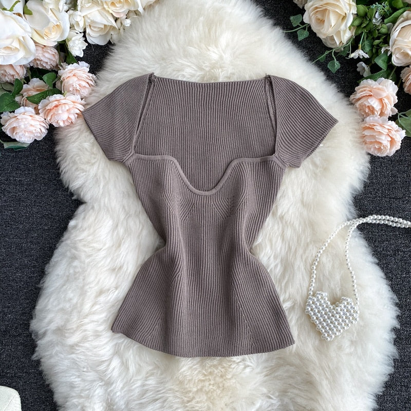 Women V-neck Knitted Short Sleeve Draw String T-shirts Crop Tops