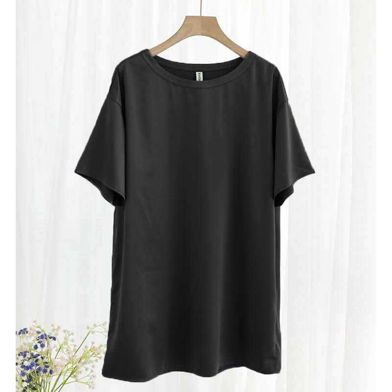 Oversize Satin Women Long T-Shirts Fashion Casual Loose O Neck