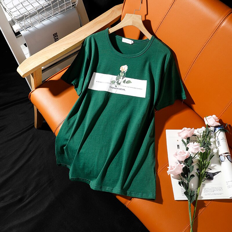 T-shirt female summer new rose printing round neck