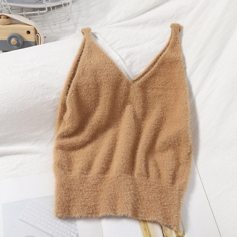 Women Summer Solid Fuzzy Knitted Crop Tops V Neck Sexy Cosy