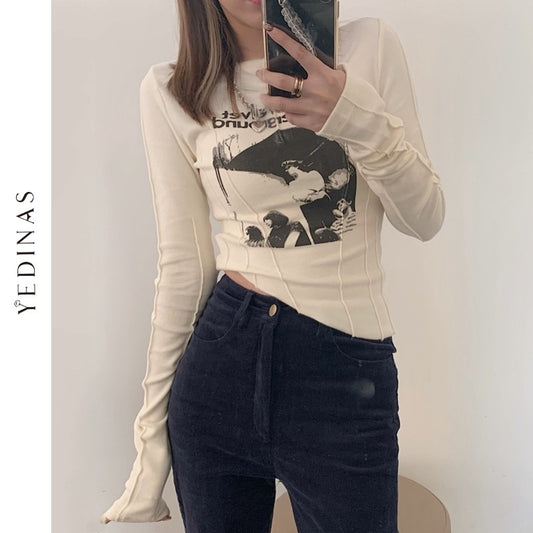 Yedinas Casual Slim T-shirt For Women O Neck Long Sleeve Sexy Crop Top Grunge Letters Print Female Korean Fashion Clothing 2021