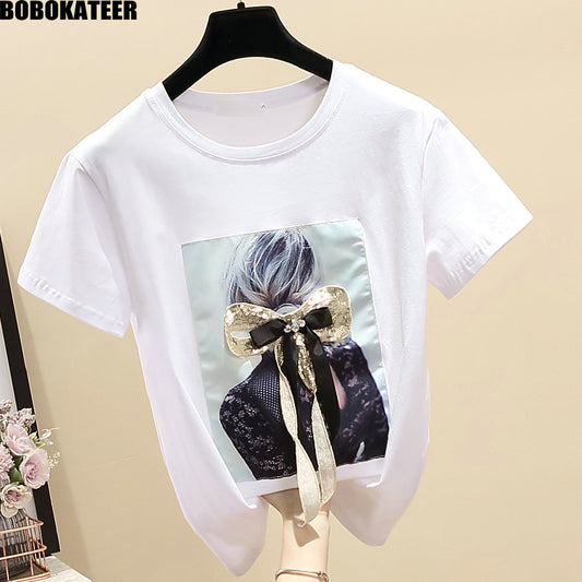 Summer White T shirt Women Tops Short Sleeve Plus Size Vintage Black Korean Clothes Woman T-shirt Casual Tee Shirt Fashion 2020