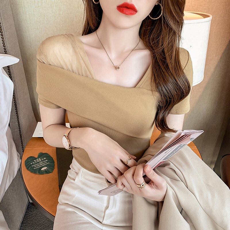 European Clothes Fashion Asymmetrical Hollow Out T-shirt Women 2020 New Summer Back Tops Ropa Mujer Bottoming Shirt Tees T02210