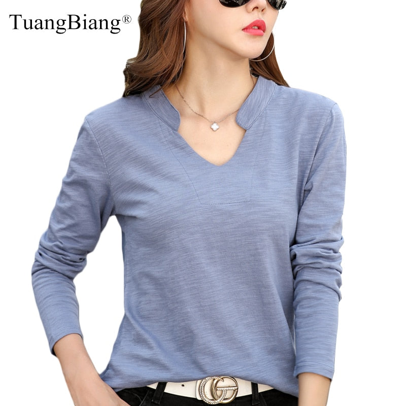 Long sleeve Women V-Neck Bamboo cotton T-shirt 2020 Plus size Loose Fashion Brand T-shirt Ladies Autumn winter Stand collar Tops