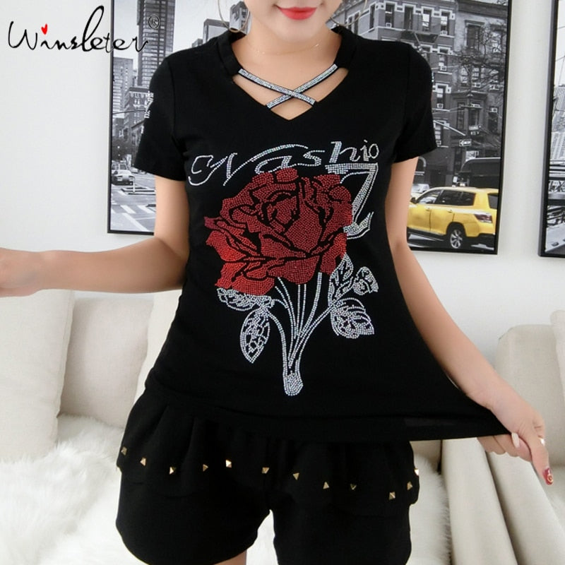 Summer Fashion Korean Clothes T-shirt Sexy Hollow Out Diamonds