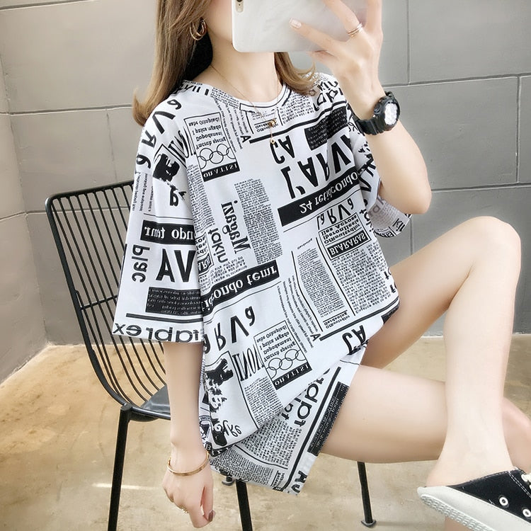 Plus Size Graphic Tee Shirts Female Summer Loose Short Sleeve Letter Print Korean T-shirt Women Oversize Harajuku Hip Hop Tops