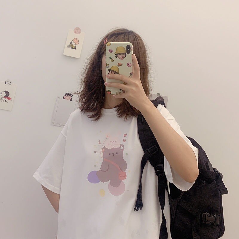 QWEEK Kawaii Women Tshirt Fashion 2021 Graphic T Shirts Short Sleeve Cute Tops Casual Loose O-neck White Print Women Tshirt