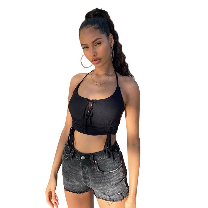 Fashion Sexy Women Black Tassel Backless Halter Crop Top