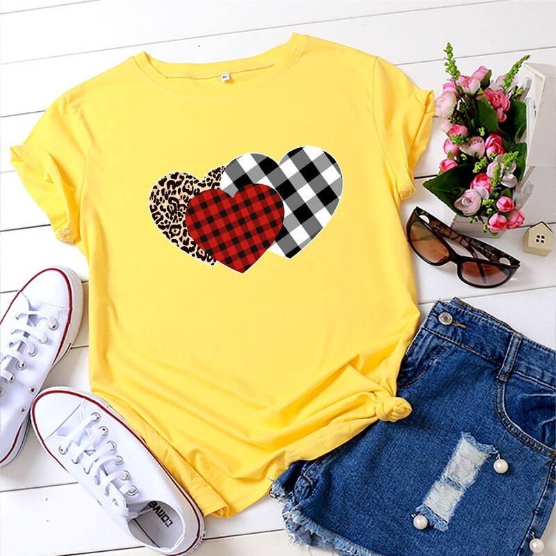 JCGO Summer Women T Shirt Cotton Plus Size 5XL Cute Plaid Heart Print Graphic Tees Tops Short Sleeve O-Neck Casual Woman Tshirts