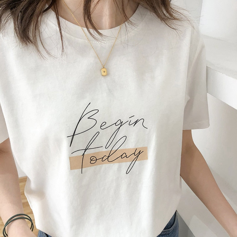 Casual O-neck Letter Print Women T-shirt Summer Short Sleeve