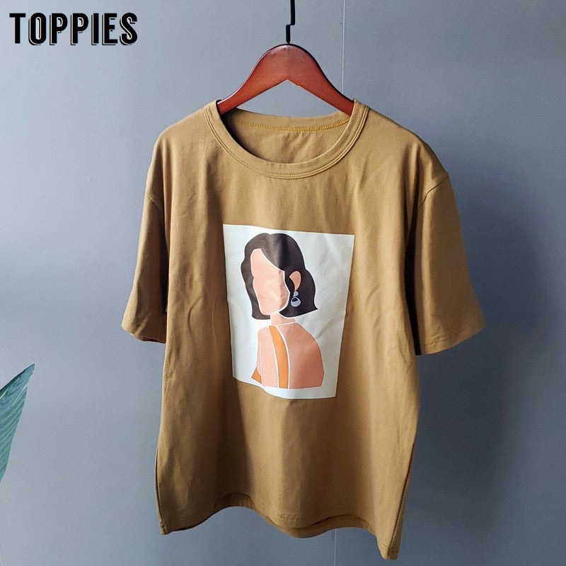 Toppies Women T-shirts Character Printing Tops Tees Summer Tops Short sleeve 95% cotton clothes