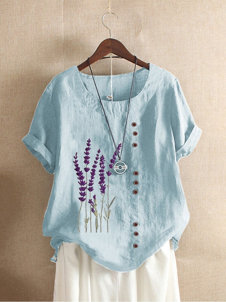 Cotton and Linen Printed T Shirt Tops For Women Summer Loose Lavender Printed T Shirt Shirts
