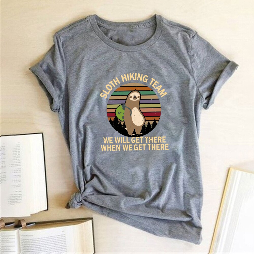 Sloth Hiking Team Printed Tshirts Women Summer Graphic Tees