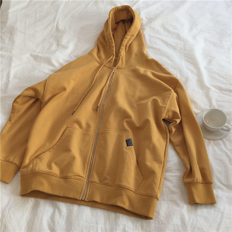 Hoodies women zipper kangaroo pocket casual loose solid color sweatshirt female