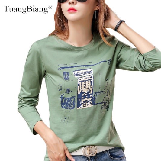 Comic printing Autumn Loose women T Shirt Winter O-Neck Full Sleeve Cotton fashion T-Shirts feminine Green Casual Soft Tops