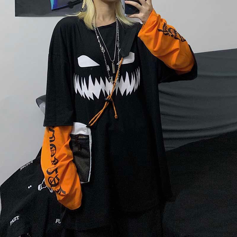 NiceMix Harajuku pumpkin Print letter T shirt Fake 2 Pieces Patchwork Casual Long Sleeve T-shirt Women And Men Streetwear Tops