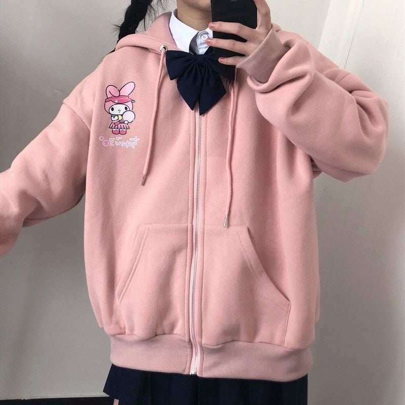 Anime Print Hoodie Women Long Sleeve Cute Print Plus Velvet