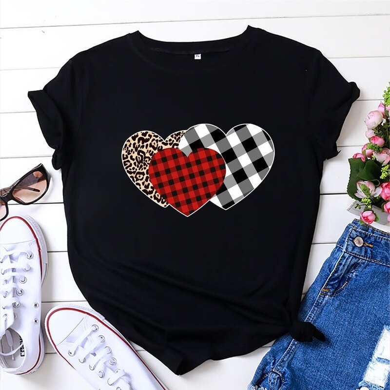 JCGO Summer Women T Shirt Cotton Plus Size 5XL Cute Plaid Heart Print Graphic Tees Tops Short Sleeve O-Neck Casual Woman Tshirts