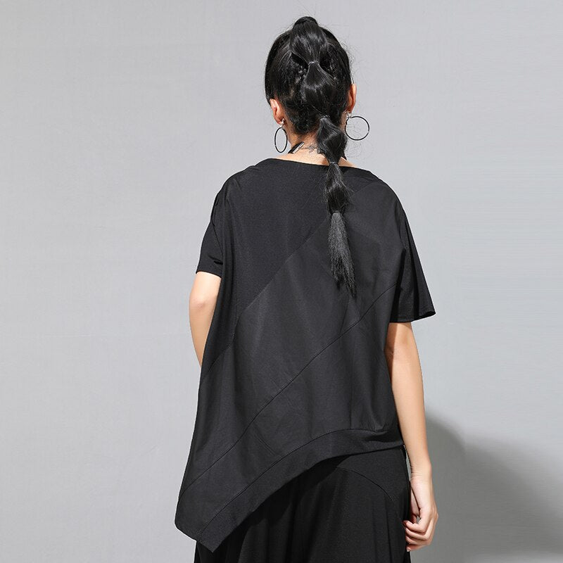 [EAM] Women Black Irregular Split Joint Big Size T-shirt New Round Neck Long Sleeve Fashion Tide Spring Summer