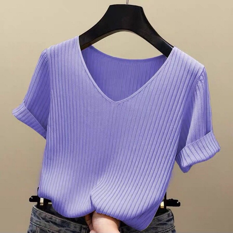 Knitted Short Sleeve Women V-Neck T Shirts Blue Loose Black