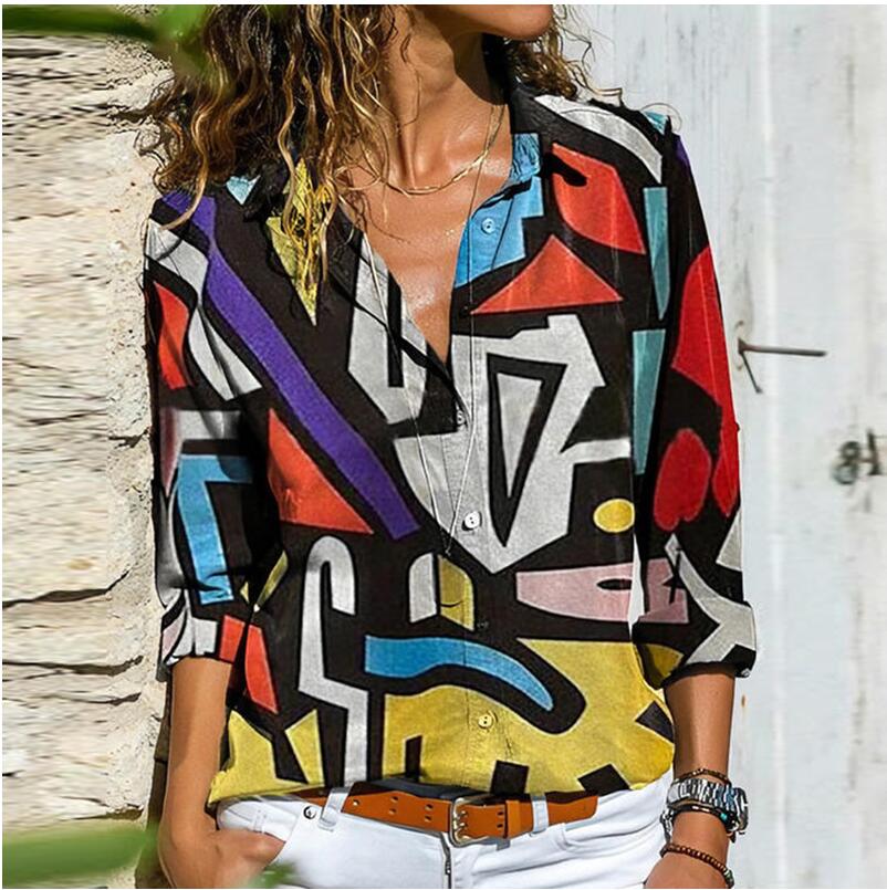 Women Retro Colorful Print Buttons Blouse Shirt Autumn Long Sleeve