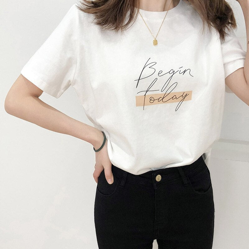 Casual O-neck Letter Print Women T-shirt Summer Short Sleeve