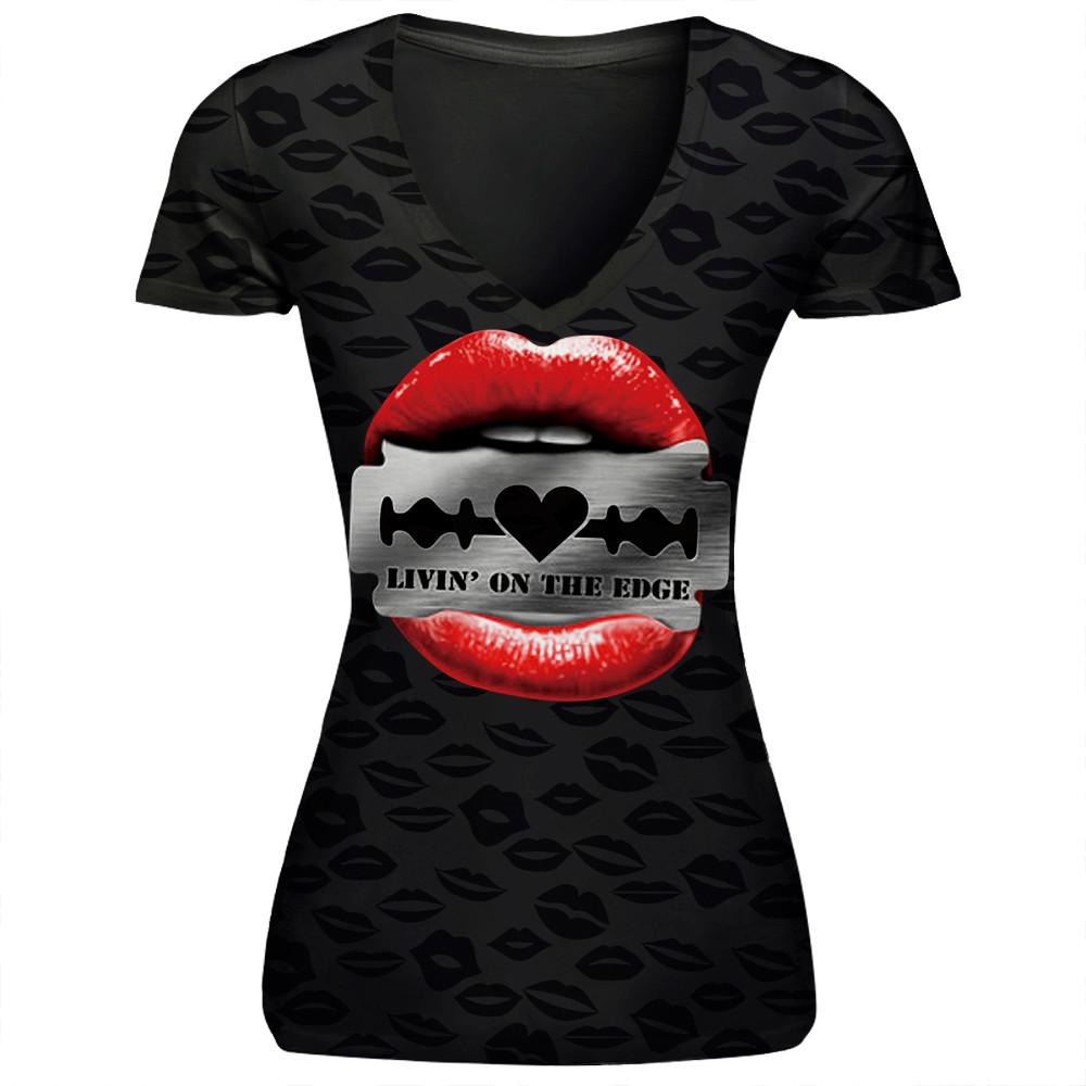 Free Shipping T-shirt Women Casual Comfortable V-neck Shirts Women Top Tees Red Mouth Black Skull Prints Short Sleeve