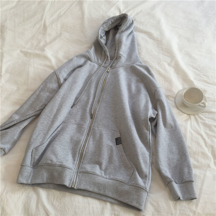 Hoodies women zipper kangaroo pocket casual loose solid color sweatshirt female